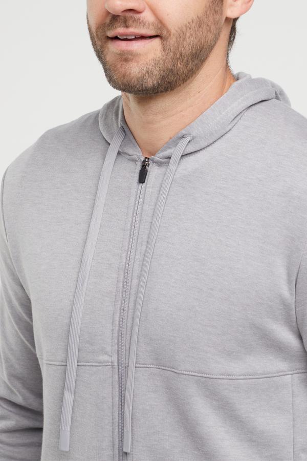 Balance Collection For Men Track Hoodie, alternate angle view, showing visible design features and texture of the soft fleece fabric.. #color_heather-grey