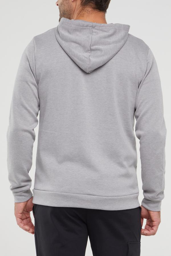 Balance Collection For Men Track Hoodie, alternate angle view, showing visible design features and texture of the soft fleece fabric.. #color_heather-grey