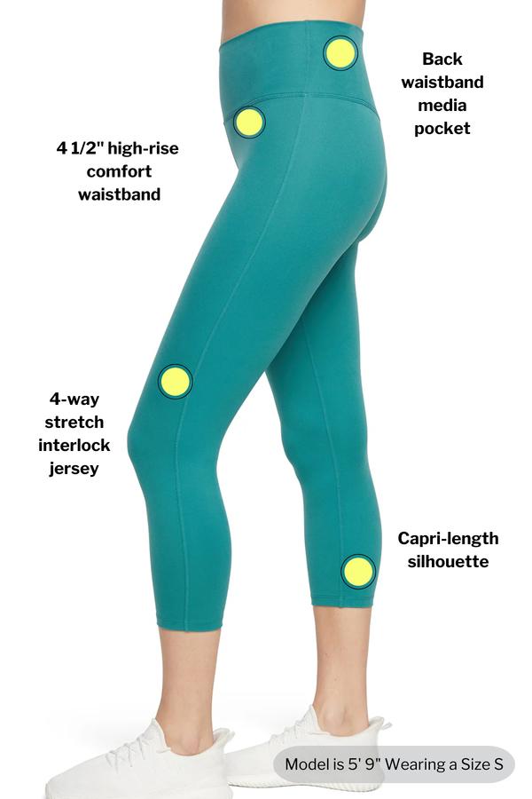 Fia Mid Calf Capri, alternate angle view, showing visible design features and texture of the soft knit fabric.. 