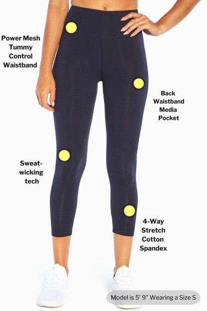 Carrie Tummy Control Mid Calf Capri, close-up view of fabric and stitching, showing visible design features and texture of the soft knit fabric.. 