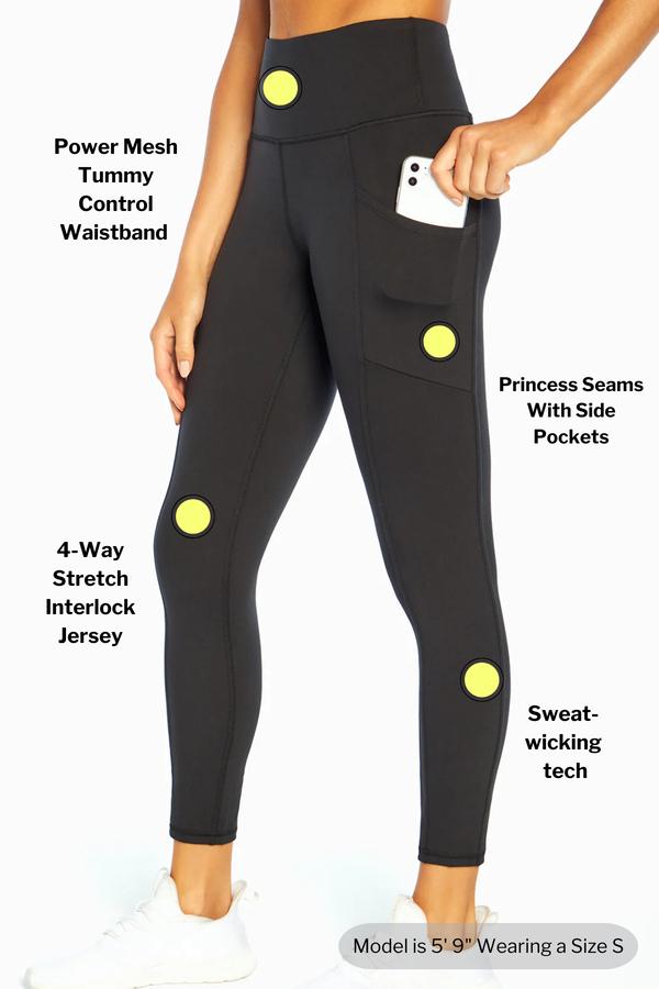 Eclipse Side Pocket Tummy Control Ankle Legging, close-up view of fabric and stitching, showing visible design features and texture of the stretch.. 