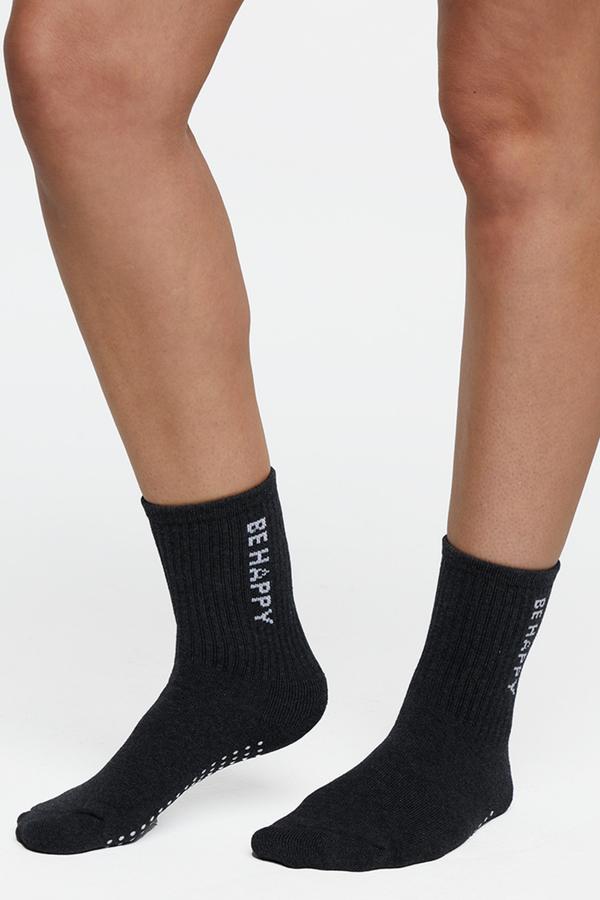 2 Pack Hailey Mid Crew Socks, alternate angle view, showing visible design features and texture of the soft knit fabric.. #color_heather-black-heather-white