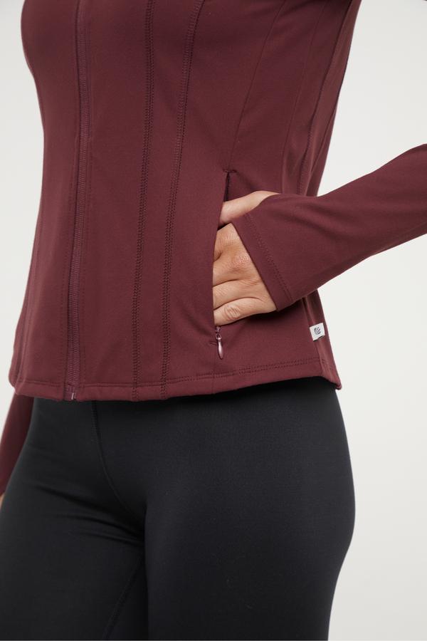 Kate Jacket, alternate angle view, showing visible design features and texture of the smooth woven fabric.. 