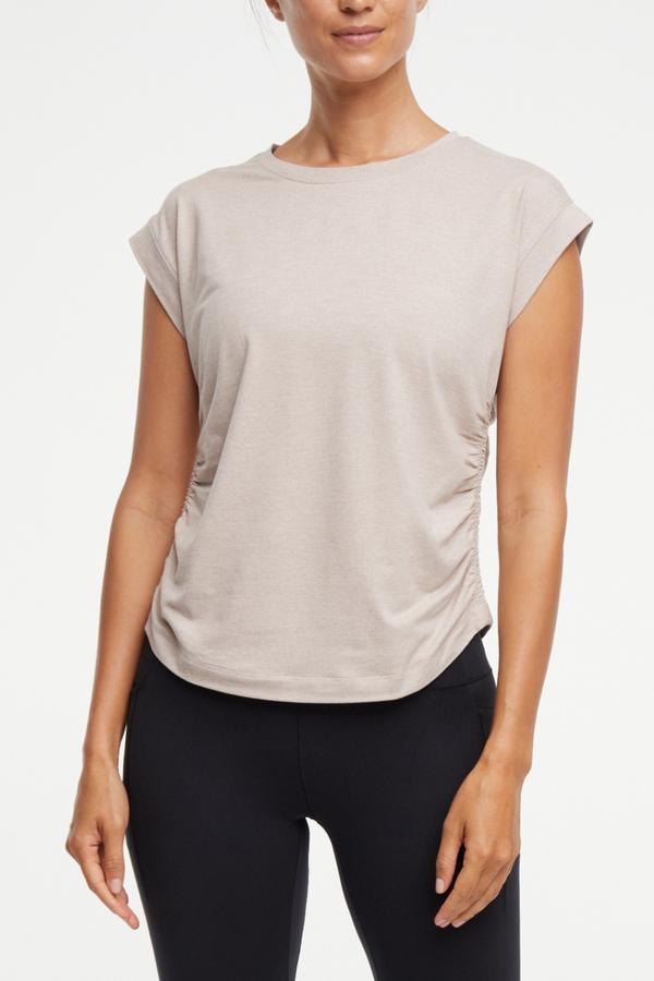 Zoey Short Sleeve Top, alternate angle view, showing visible design features and texture of the soft knit fabric.. 