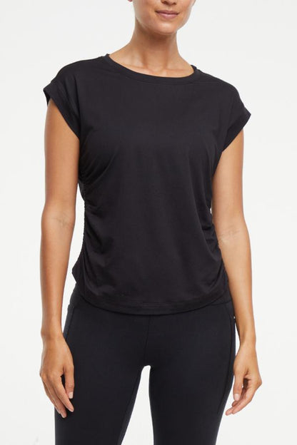 Zoey Short Sleeve Top, alternate angle view, showing visible design features and texture of the soft knit fabric.. 