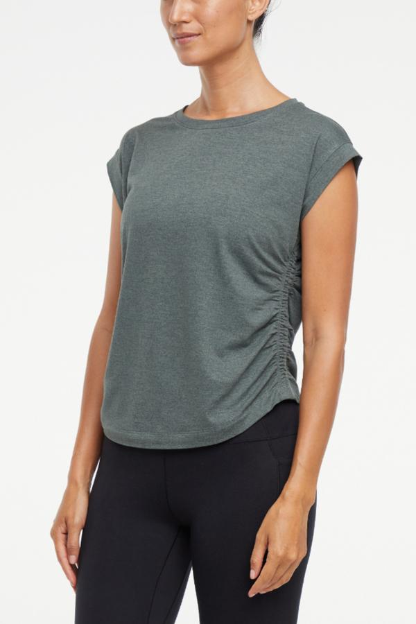 Zoey Short Sleeve Top, back view, showing visible design features and texture of the soft knit fabric.. 