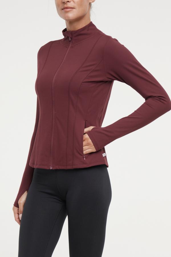 Kate Jacket, alternate angle view, showing visible design features and texture of the smooth woven fabric.. 