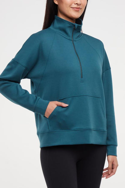 Sage 1/2 Zip, front view, showing visible design features and texture of the soft knit fabric.. 