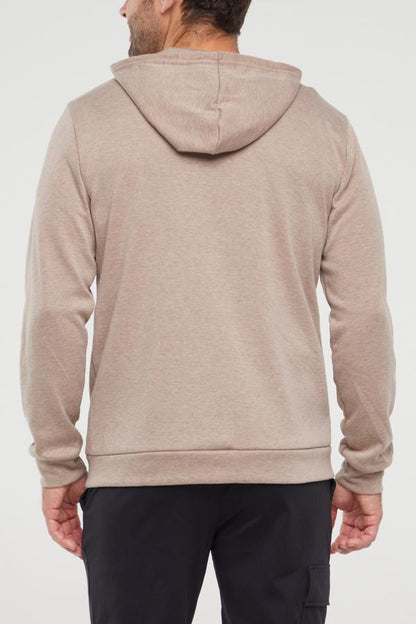 Balance Collection For Men Track Hoodie, side view showing pocket placement, showing visible design features and texture of the soft fleece fabric.. 