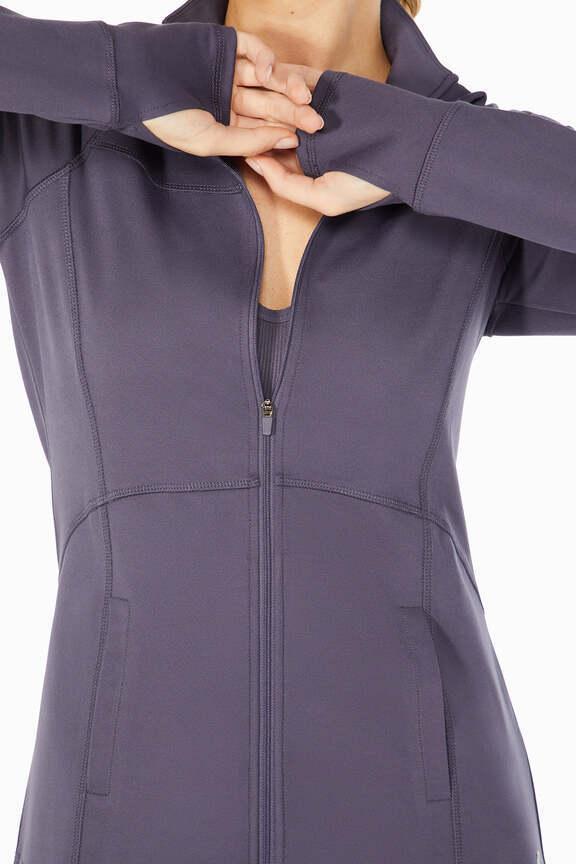 Revival Jacket, alternate angle view, showing visible design features and texture of the smooth woven fabric.. 