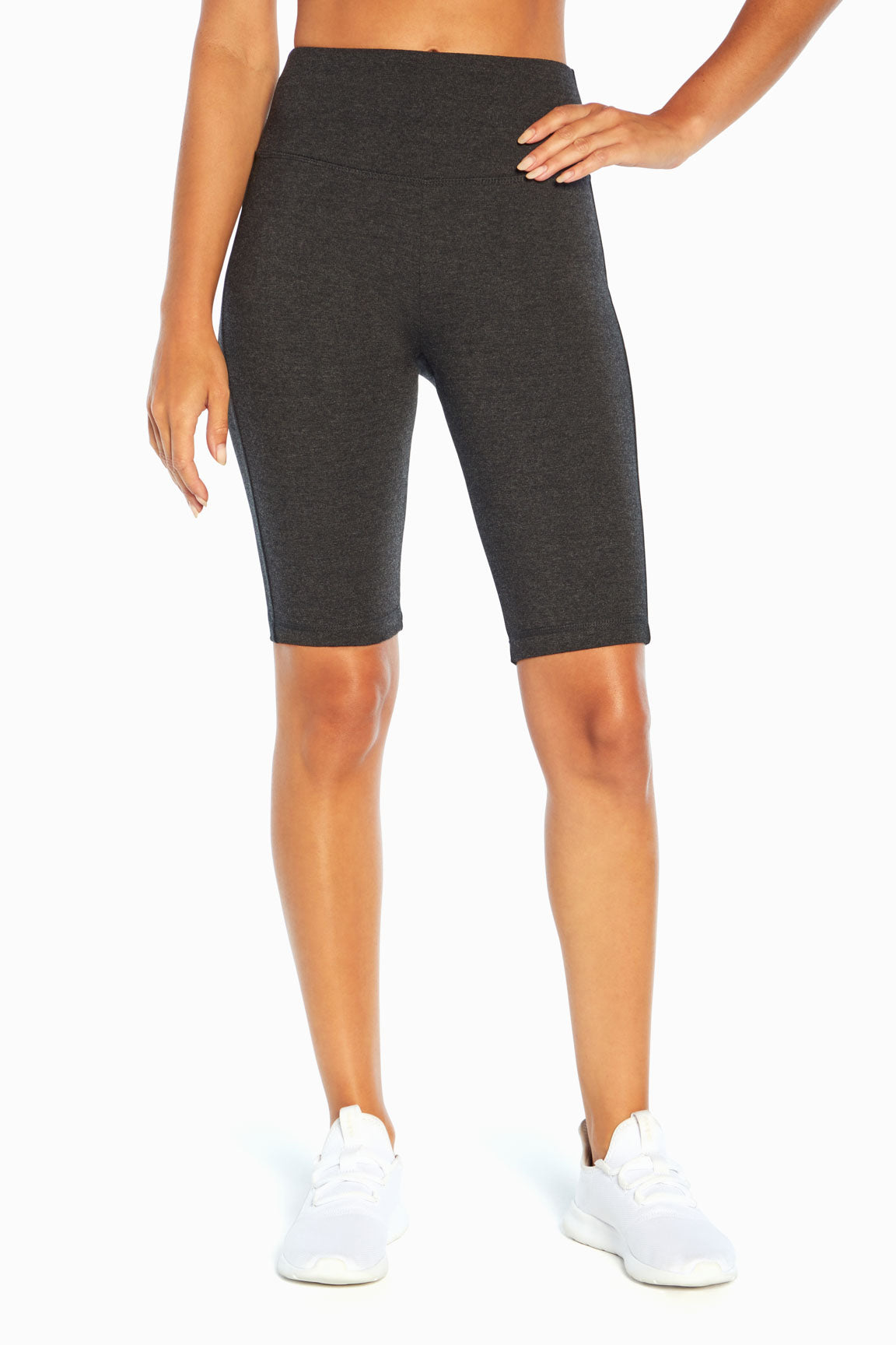 Becca Tummy Control Bermuda Shorts - Heather Charcoal, alternate angle view, showing visible design features and texture of the soft knit fabric.. 