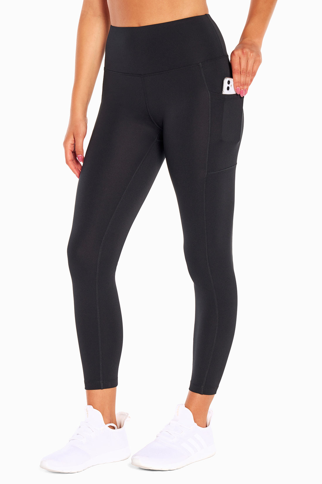 High Rise Side Pocket Ankle Legging - Black, front view, showing visible design features and texture of the stretch knit fabric..