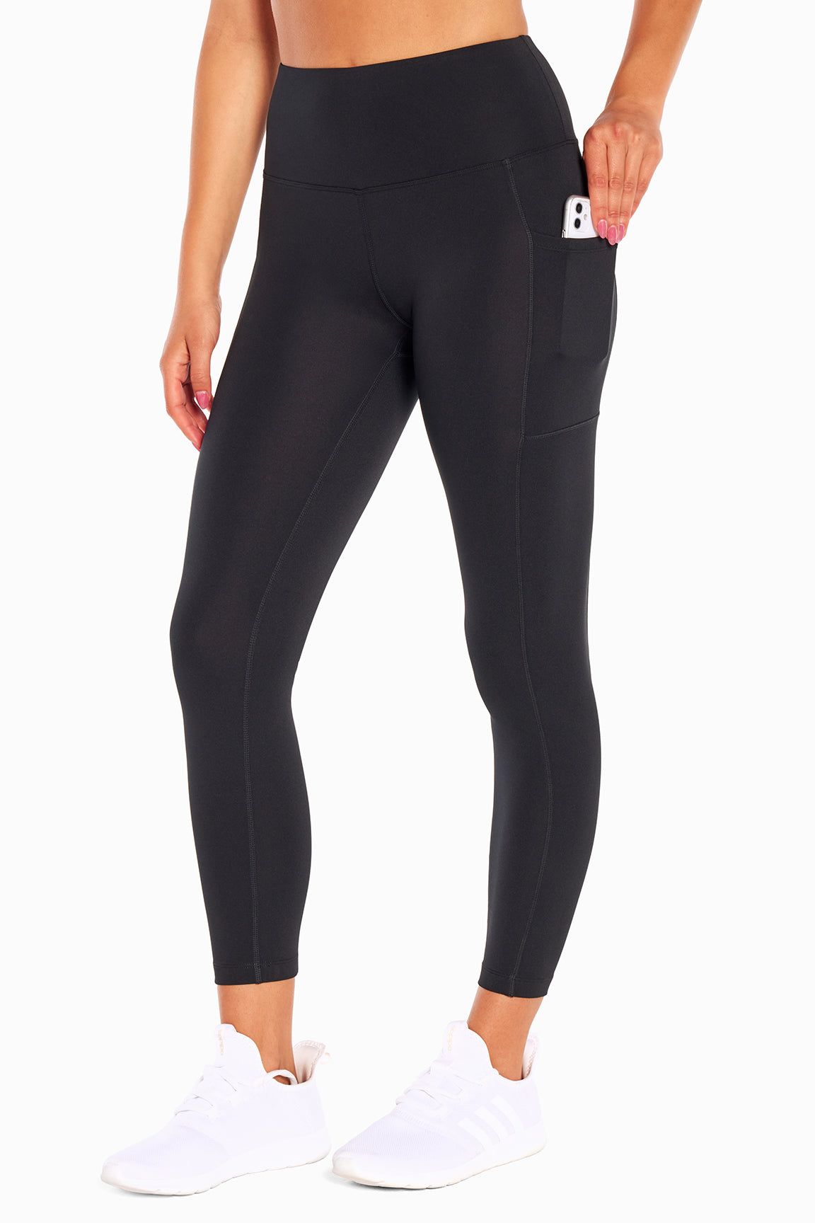 High Rise Side Pocket Ankle Legging - Black, front view, showing visible design features and texture of the stretch knit fabric.. 