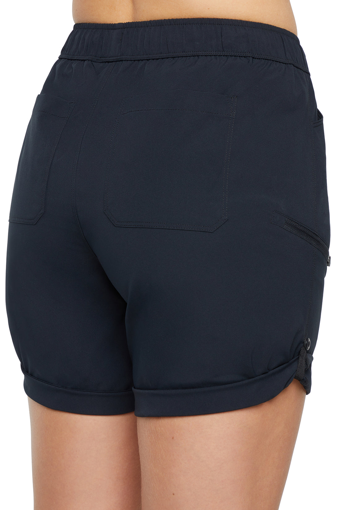 Trail Short, side view showing pocket placement, showing visible design features and texture of the soft knit fabric.. 