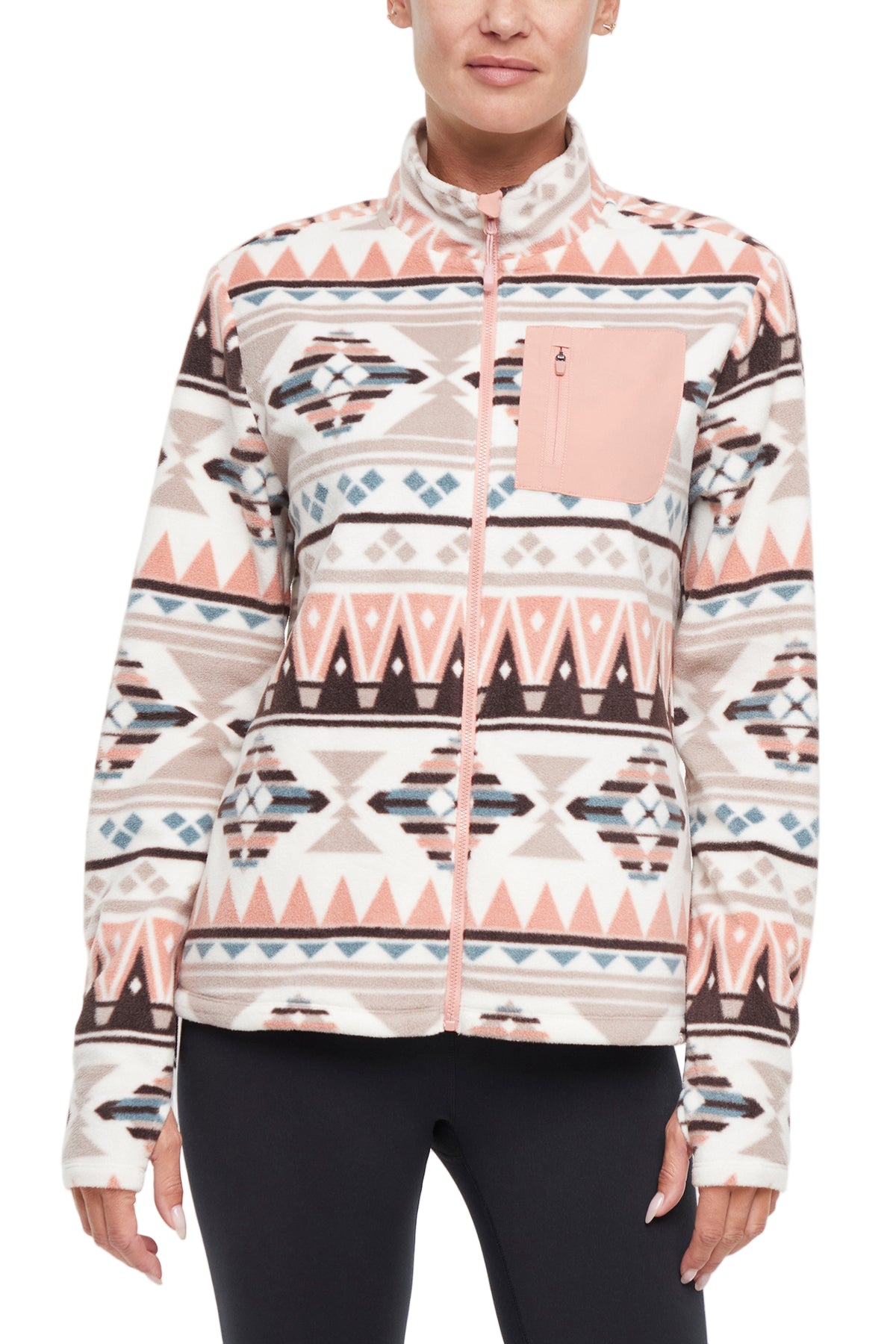 Treeline Fleece Jacket - Cameo Brown Geo Tapestry, close-up view of fabric and stitching, showing visible design features and texture of the smooth.. 