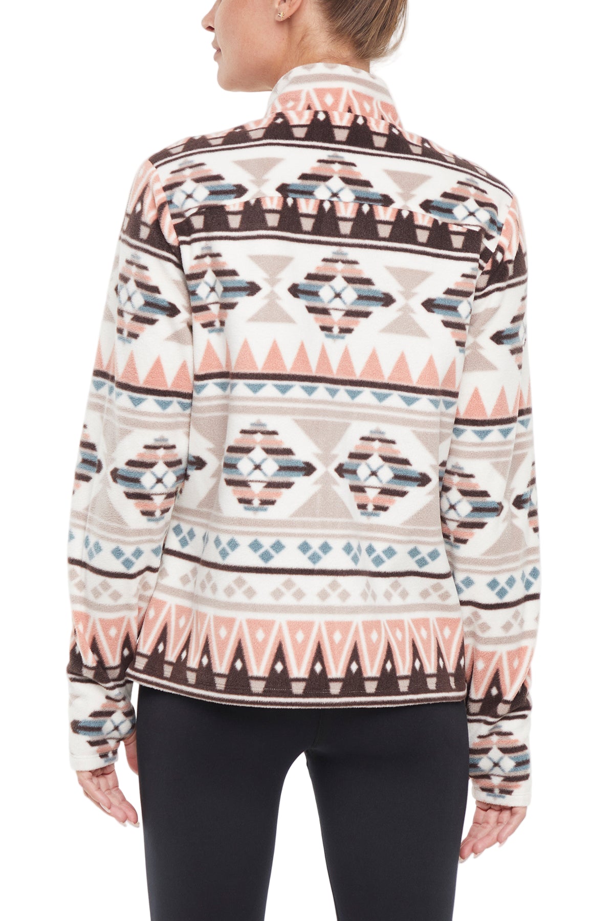 Treeline Fleece Jacket - Cameo Brown Geo Tapestry, side view showing pocket placement, showing visible design features and texture of the smooth.. 