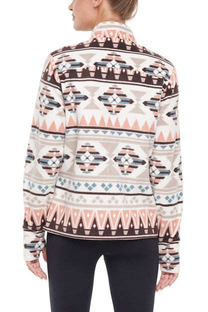 Treeline Fleece Jacket - Cameo Brown Geo Tapestry, side view showing pocket placement, showing visible design features and texture of the smooth.. 