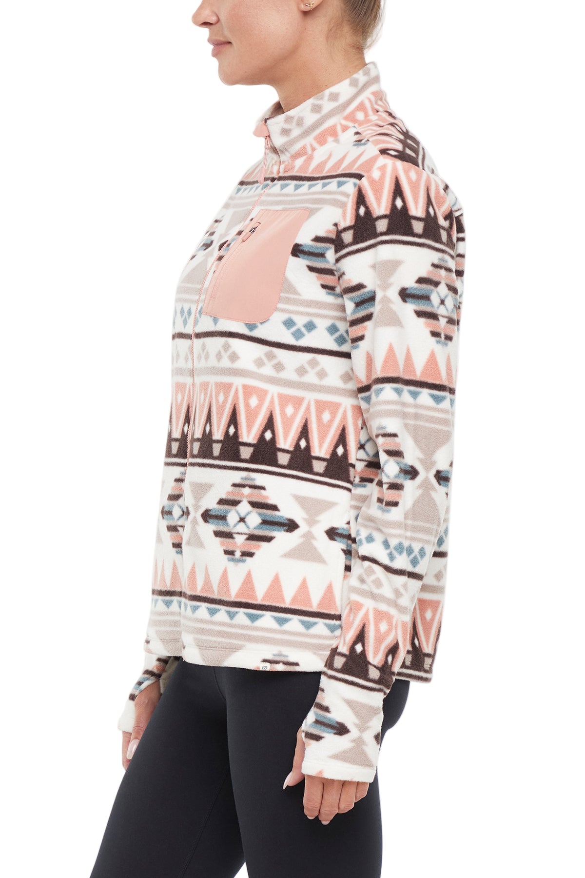 Treeline Fleece Jacket - Cameo Brown Geo Tapestry, alternate angle view, showing visible design features and texture of the smooth woven fabric.. 