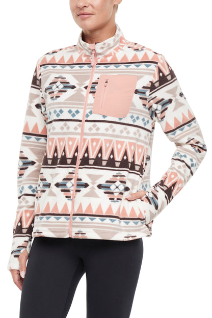 Treeline Fleece Jacket - Cameo Brown Geo Tapestry, front view, showing visible design features and texture of the smooth woven fabric.. 