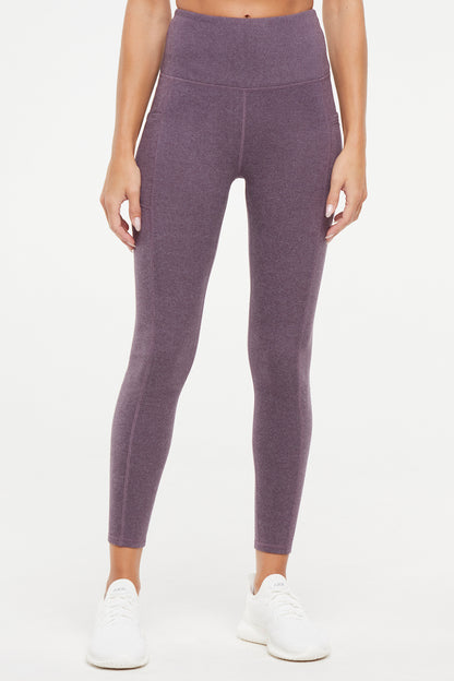 Riley Side Pocket Legging - Heather Plum Perfect, alternate angle view, showing visible design features and texture of the stretch knit fabric.. 