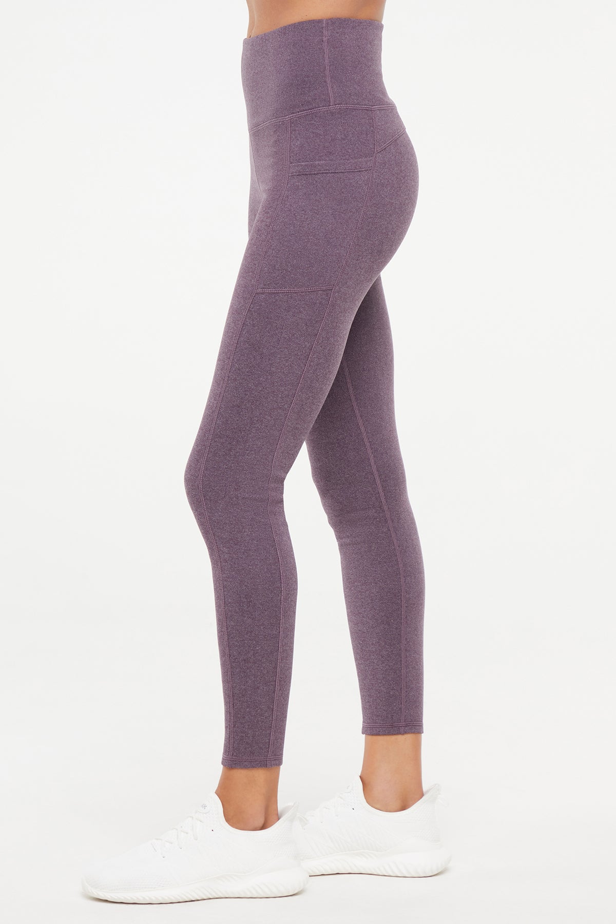Riley Side Pocket Legging - Heather Plum Perfect, alternate angle view, showing visible design features and texture of the stretch knit fabric.. 