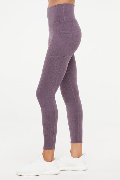 Riley Side Pocket Legging - Heather Plum Perfect, alternate angle view, showing visible design features and texture of the stretch knit fabric.. 