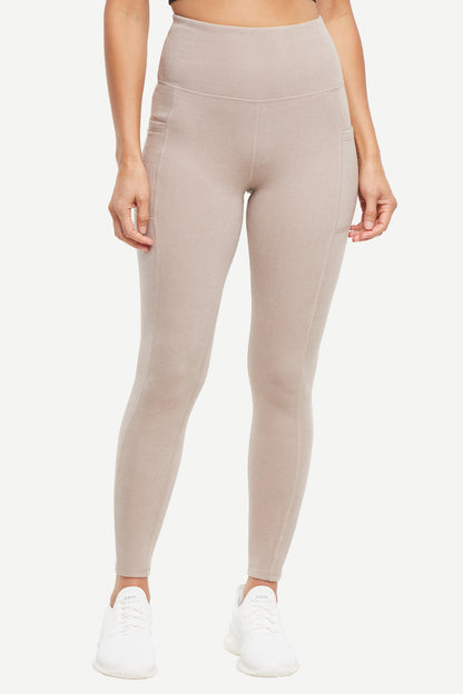 Riley Side Pocket Legging - Heather Atmosphere, close-up view of fabric and stitching, showing visible design features and texture of the stretch.. 
