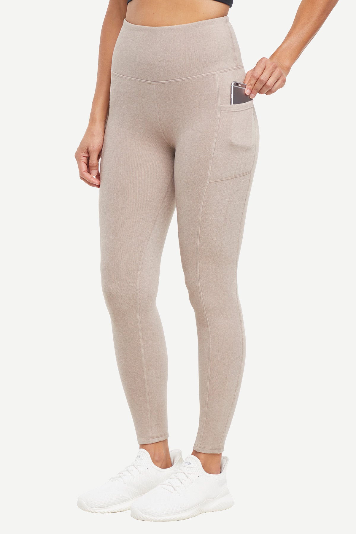 Riley Side Pocket Legging - Heather Atmosphere, front view, showing visible design features and texture of the stretch knit fabric.. 