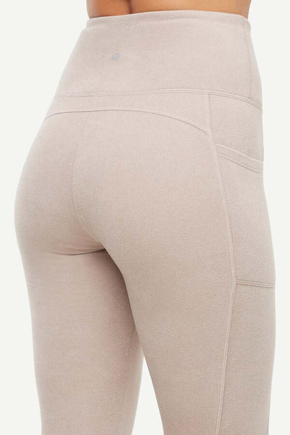 Riley Side Pocket Legging - Heather Atmosphere, side view showing pocket placement, showing visible design features and texture of the stretch knit.. 