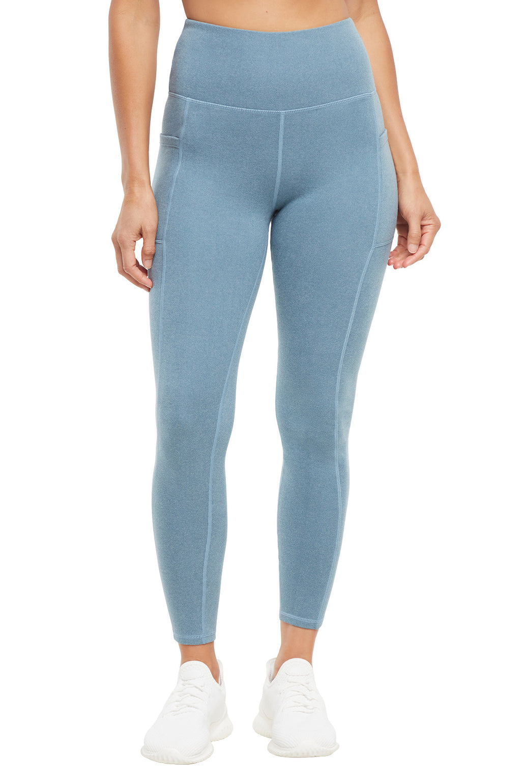 Riley Side Pocket Legging - Heather Bluestone, alternate angle view, showing visible design features and texture of the stretch knit fabric.. #color_heather-bluestone