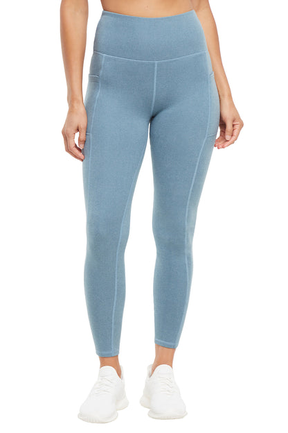 Riley Side Pocket Legging - Heather Bluestone, alternate angle view, showing visible design features and texture of the stretch knit fabric.. 