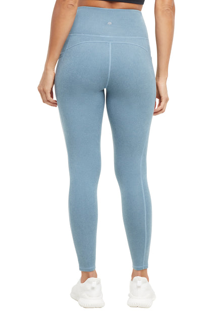 Riley Side Pocket Legging - Heather Bluestone, back view, showing visible design features and texture of the stretch knit fabric.. 