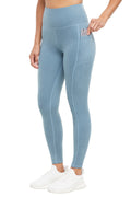 Riley Side Pocket Legging - Heather Bluestone, front view, showing visible design features and texture of the stretch knit fabric.. #color_heather-bluestone