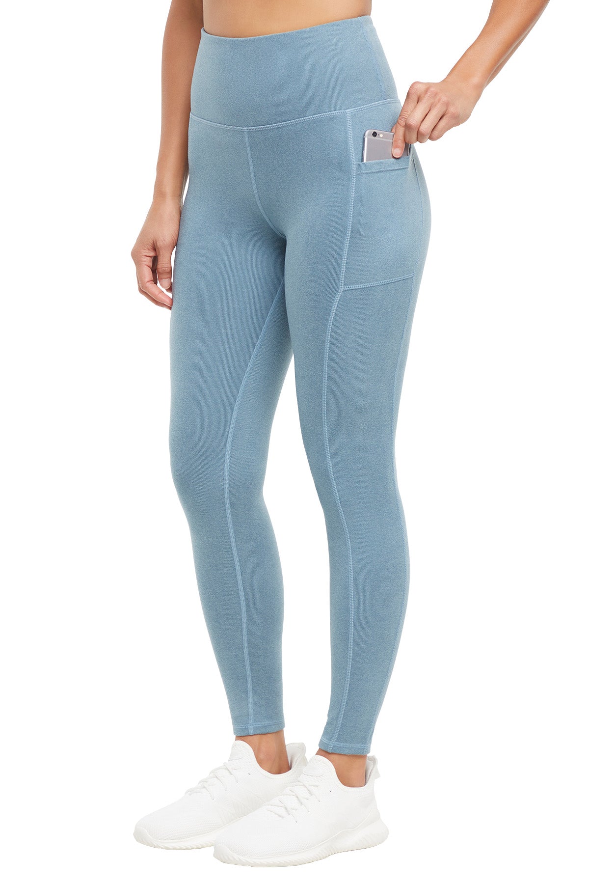 Riley Side Pocket Legging - Heather Bluestone, front view, showing visible design features and texture of the stretch knit fabric.. 