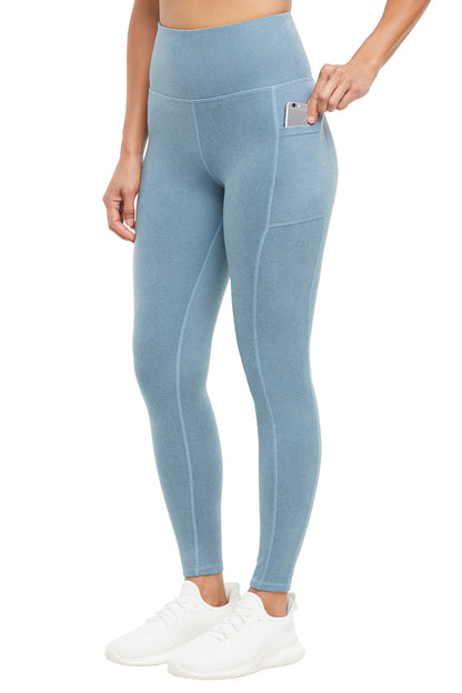 Riley Side Pocket Legging - Heather Bluestone, front view, showing visible design features and texture of the stretch knit fabric.. 