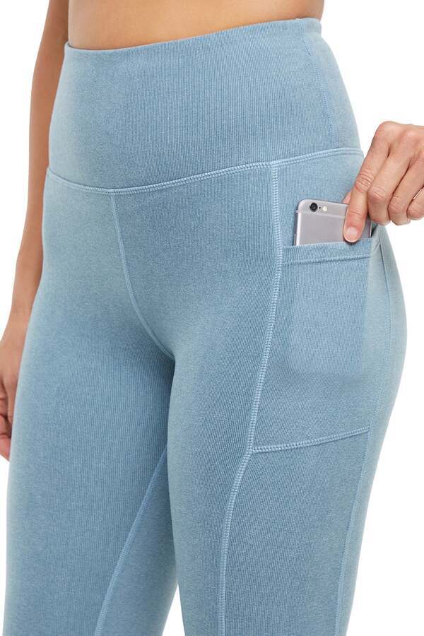 Riley Side Pocket Legging - Heather Bluestone, close-up view of fabric and stitching, showing visible design features and texture of the stretch.. #color_heather-bluestone