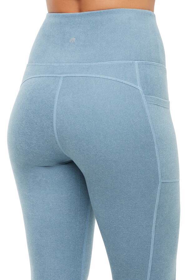 Riley Side Pocket Legging - Heather Bluestone, side view showing pocket placement, showing visible design features and texture of the stretch knit.. #color_heather-bluestone