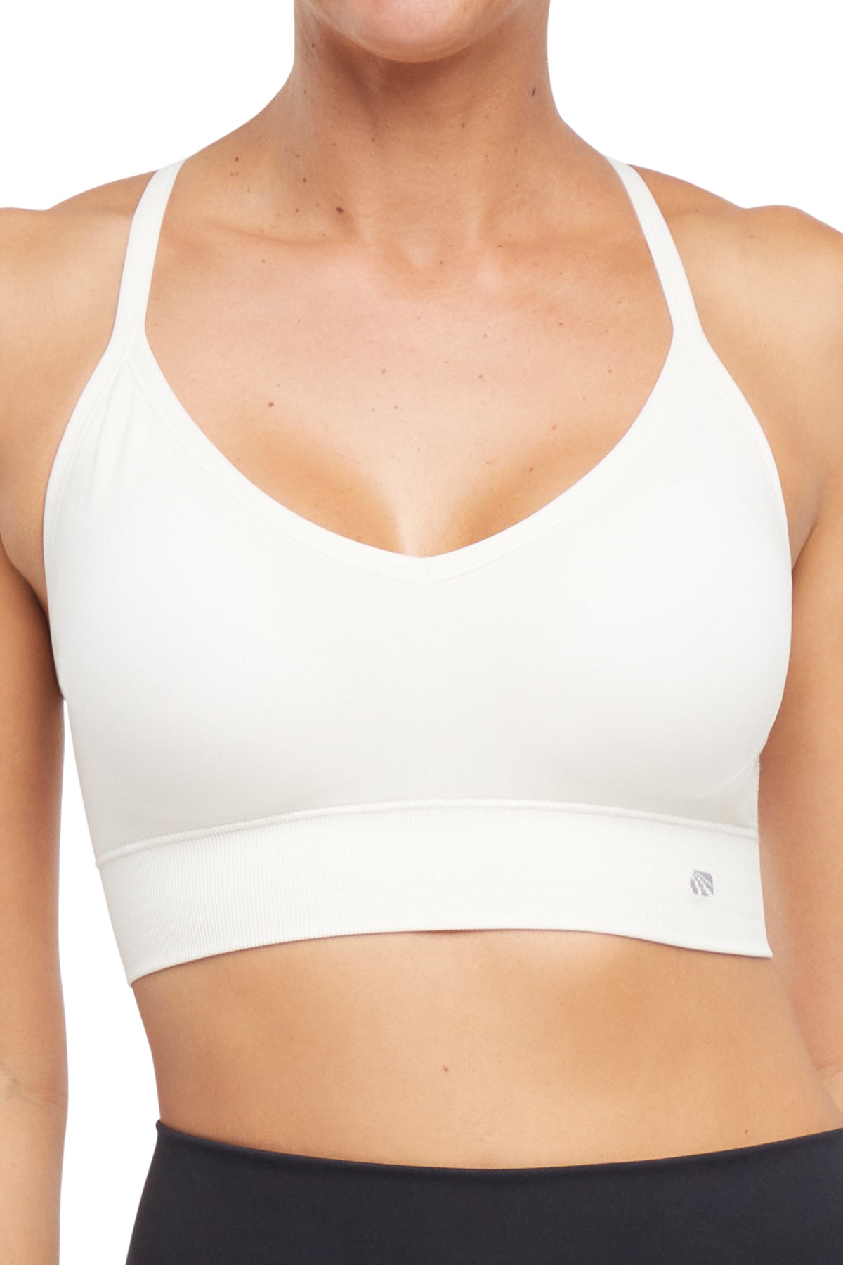 2 Pack London Seamless Sports Bra - Egret Tidal, side view showing pocket placement, showing visible design features and texture of the soft knit.. 