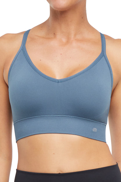 2 Pack London Seamless Sports Bra - Egret Tidal, front view, showing visible design features and texture of the soft knit fabric.. 