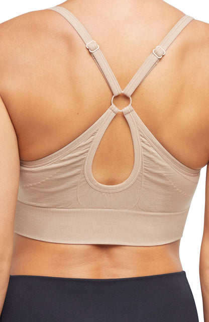 2 Pack London Seamless Sports Bra - Tuffet Black Coffee, back view, showing visible design features and texture of the soft knit fabric.. 