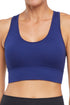 Hazel Sports Bra - Beacon Blue, front view, showing visible design features and texture of the soft knit fabric.. 