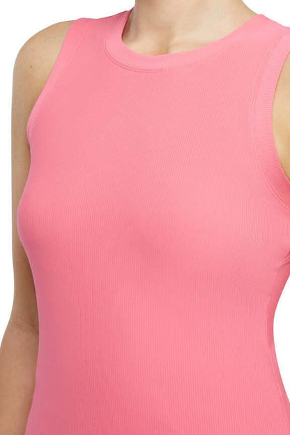 Janie Rib Tank, alternate angle view, showing visible design features and texture of the soft knit fabric.. 