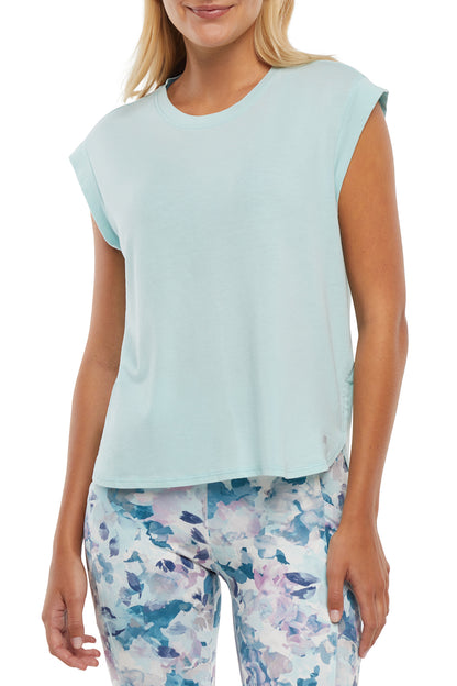 Leona Short Sleeve Top, alternate angle view, showing visible design features and texture of the soft knit fabric.. 