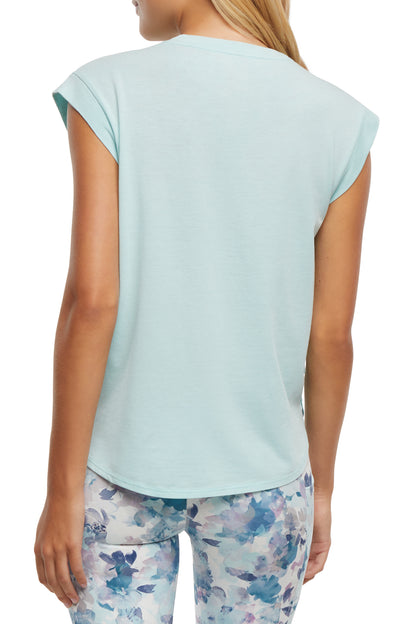 Leona Short Sleeve Top, alternate angle view, showing visible design features and texture of the soft knit fabric.. 