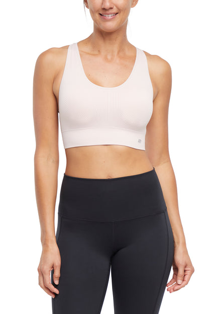 Addie Seamless Sports Bra, alternate angle view, showing visible design features and texture of the soft knit fabric.. 