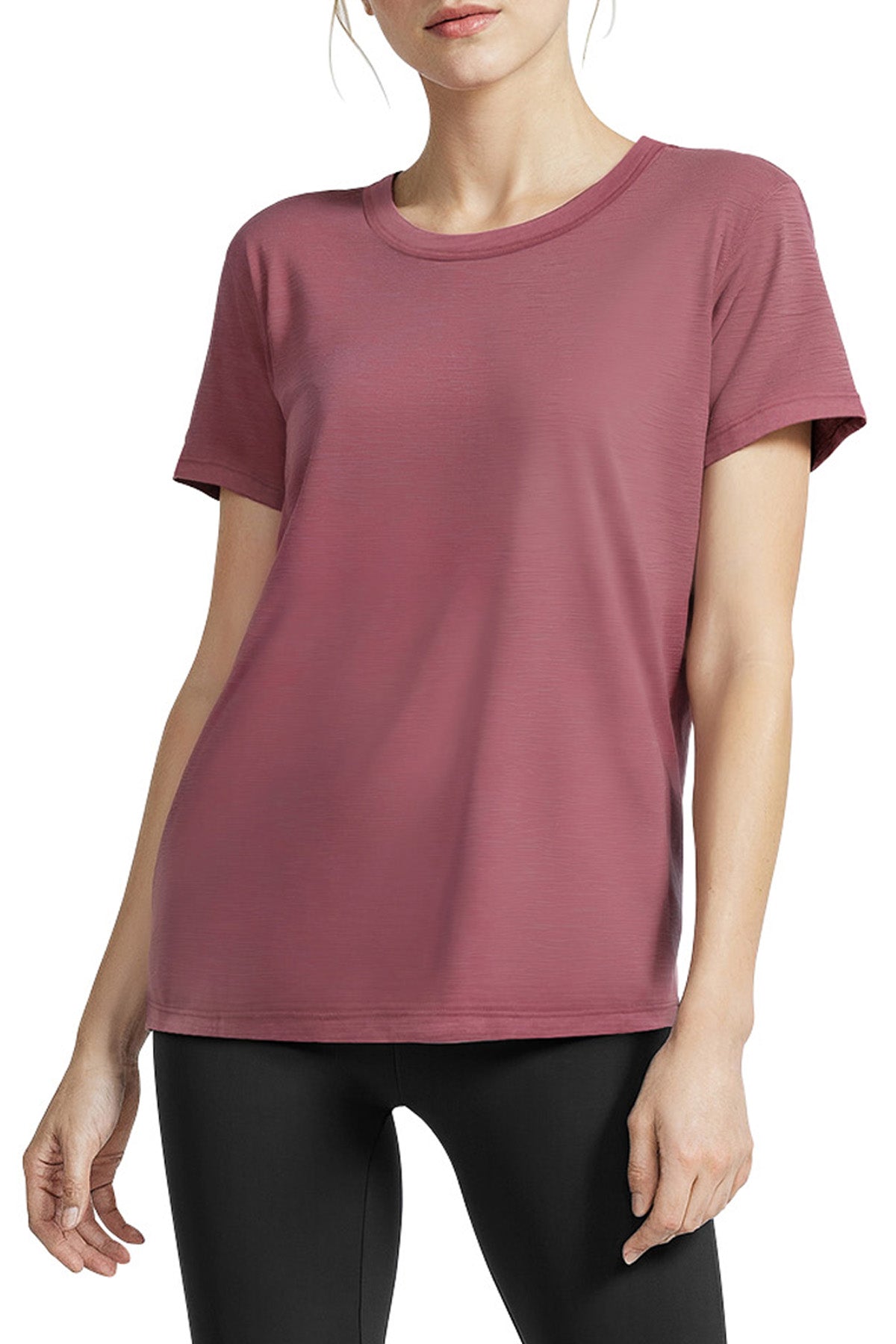 Harmony Short Sleeve Tee, alternate angle view, showing visible design features and texture of the soft knit fabric.. 