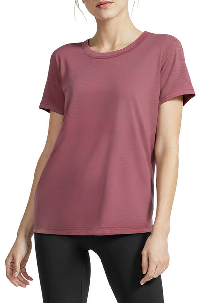 Harmony Short Sleeve Tee, alternate angle view, showing visible design features and texture of the soft knit fabric.. 