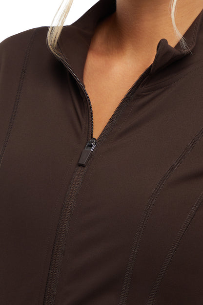 Kate Jacket, back view, showing visible design features and texture of the smooth woven fabric.. 