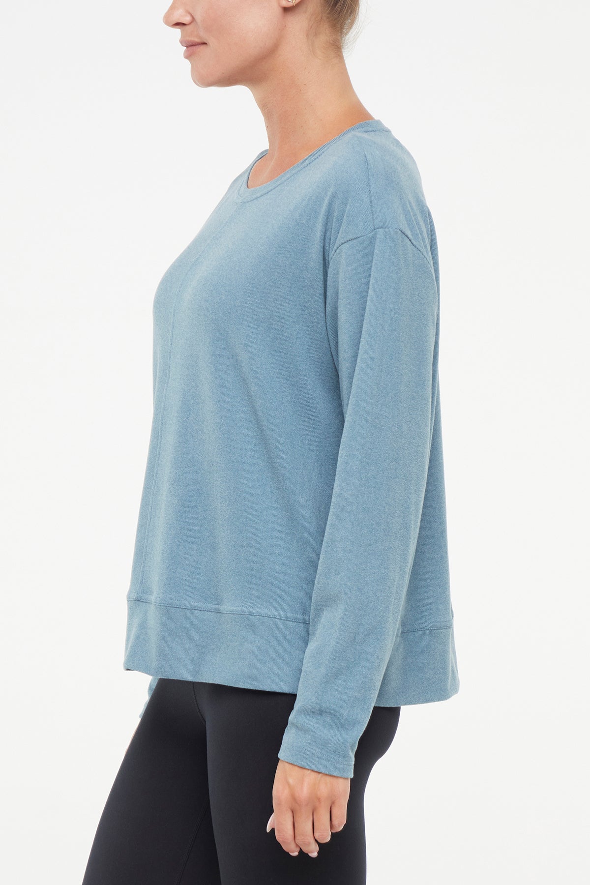 Riley Pullover, alternate angle view, showing visible design features and texture of the soft knit fabric.. 