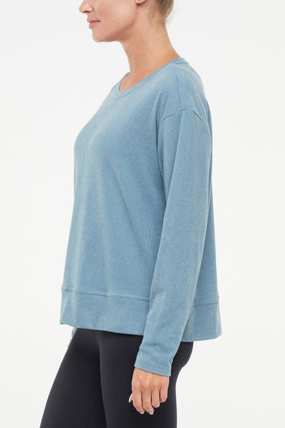 Riley Pullover, alternate angle view, showing visible design features and texture of the soft knit fabric.. 
